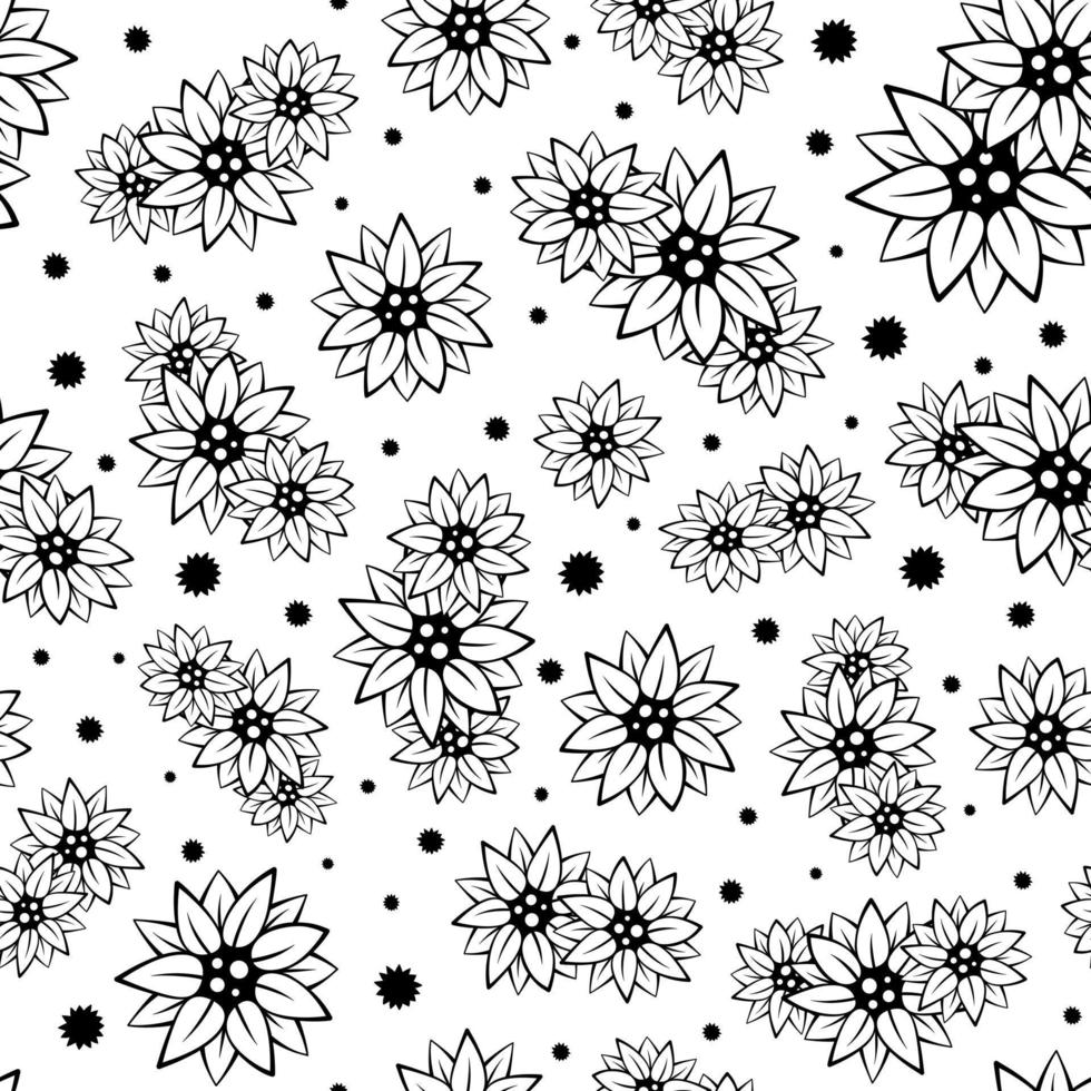 Monochrome mini Sunflowers seamless pattern. Abstract art print. Design for paper, covers, cards, fabrics, interior items and any. Vector illustration of botany nature.