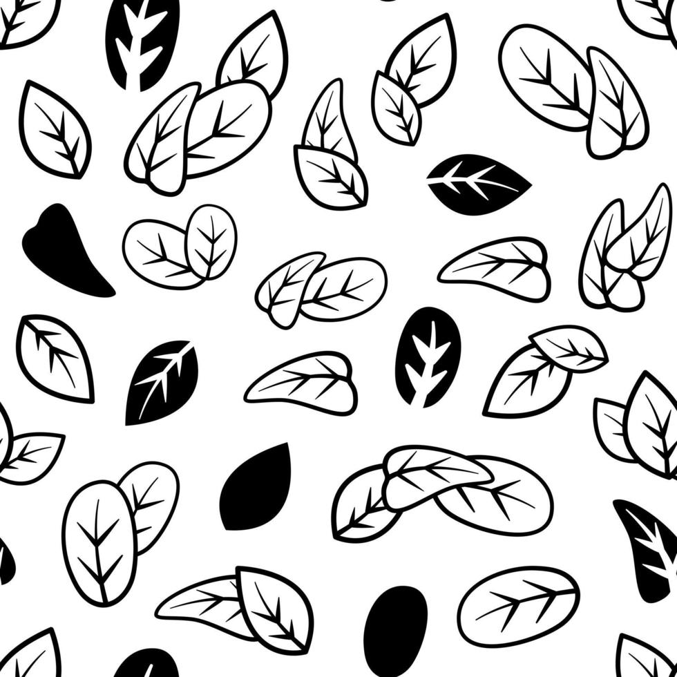 Black Line and silhouette Little Leaves seamless pattern. Abstract art print. Design for paper, covers, cards, fabrics, interior items and any. Vector illustration.