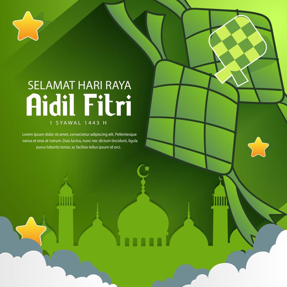 selamat idul fitri, aidil fitri, traducción de ketupat feliz eid, la celebración del día islámico después del ayuno total en el mes de ramadán. ilustración vectorial vector