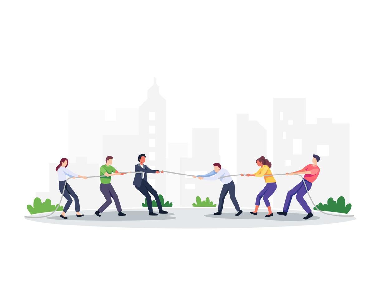 Group of employees play tug of war vector