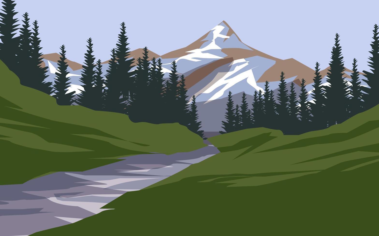 Vector mountain scenery with forest and river