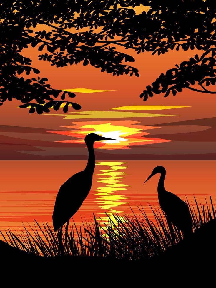 Golden sunset at lake with heron in silhouette vector