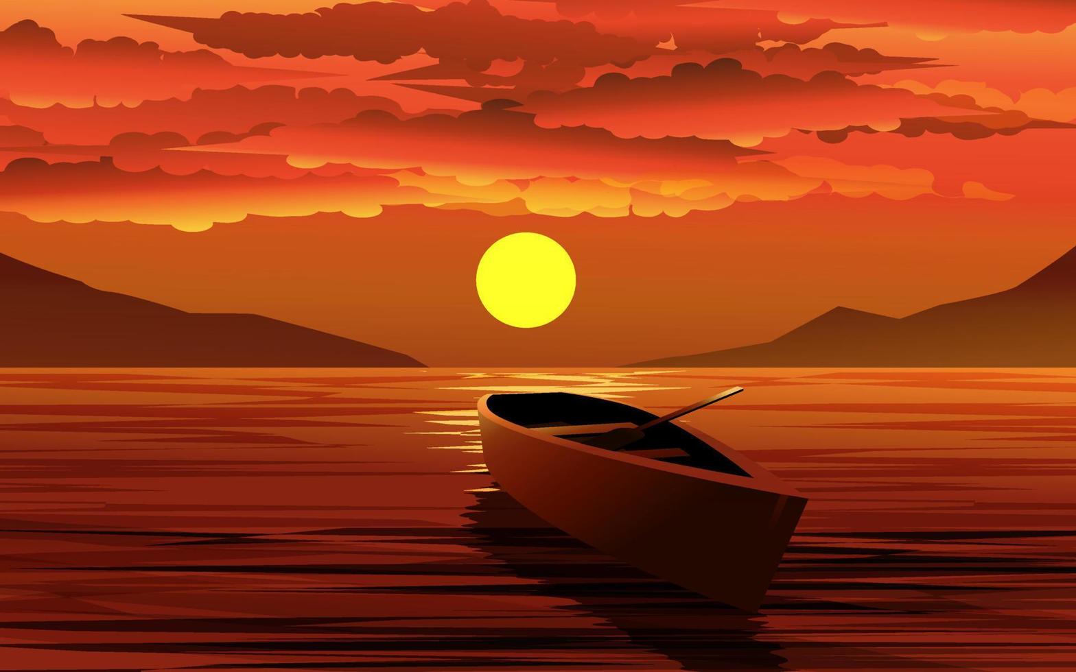 Empty boat in lake at sunset vector