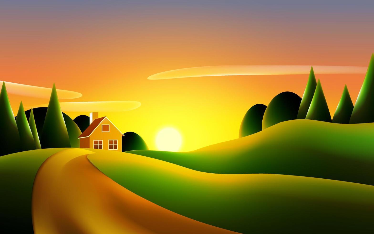 Vector illustration of sunset in countryside