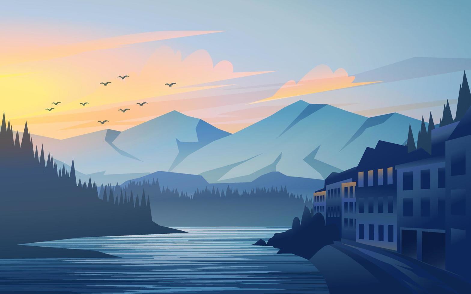 Beautiful town at mountain with lake vector