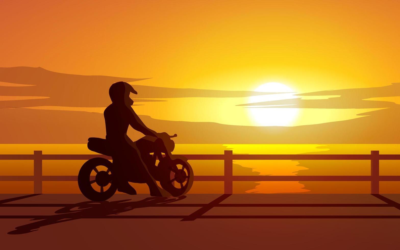 Ocean view sunset with biker in silhouette vector