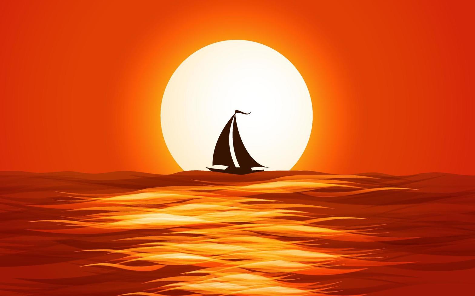 Sunset in ocean with sailing boat vector