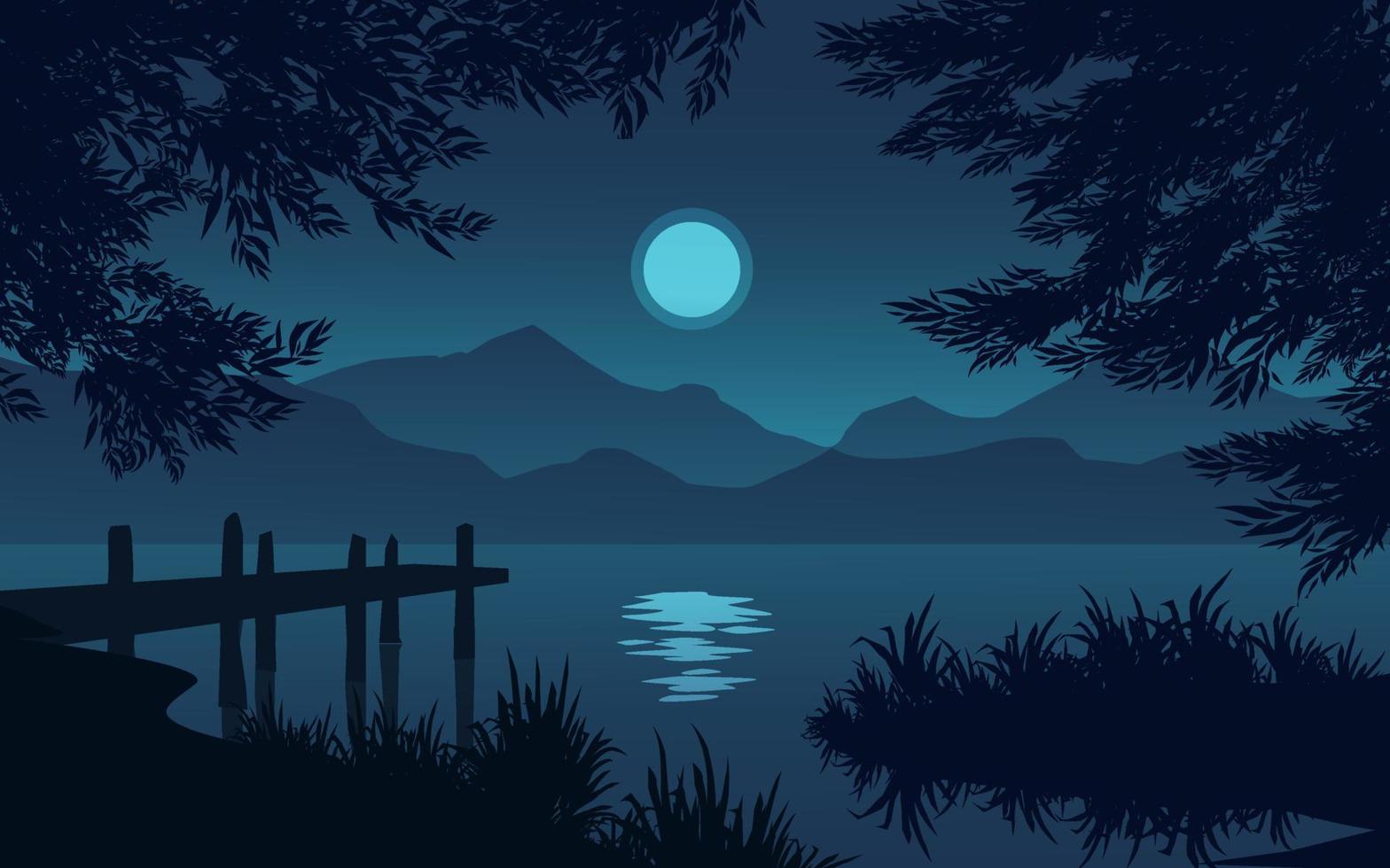 Calm night at lake with jetty vector