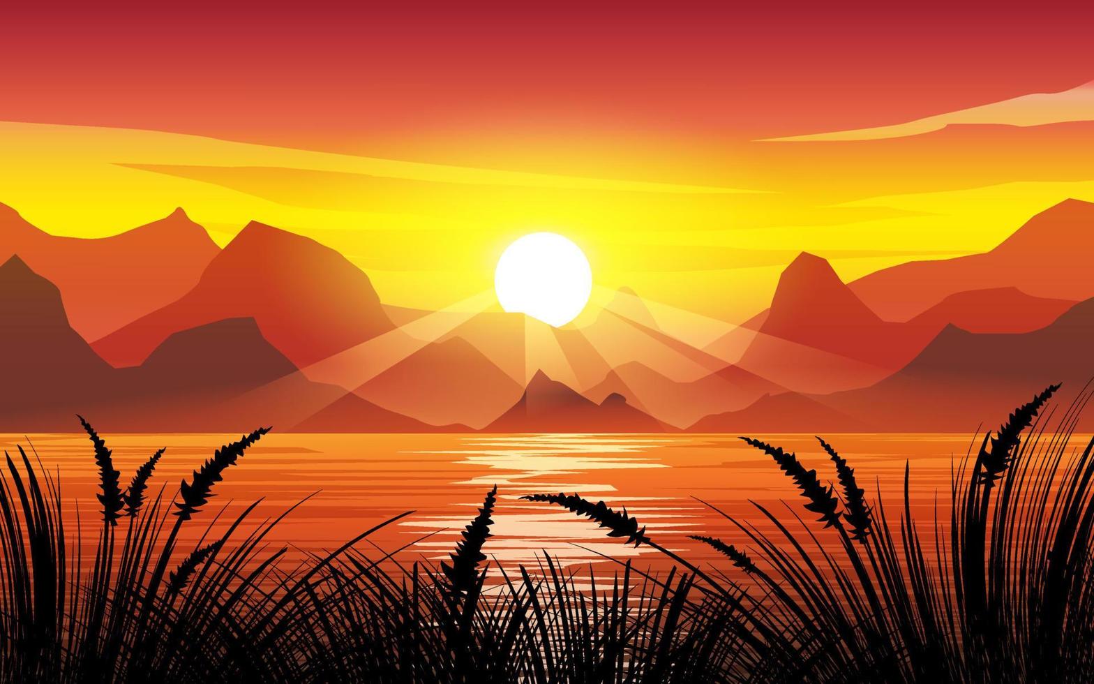 Dramatic sunset at lake with grass and mountains vector