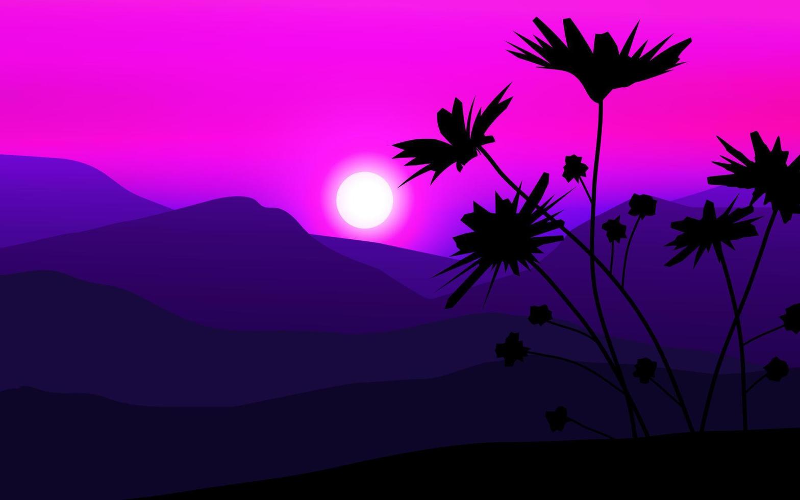 Mountain and flowers in silhouette nature background vector