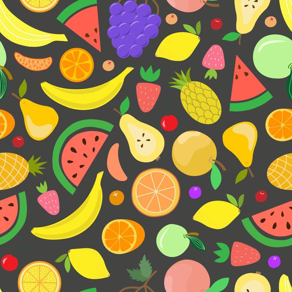 patrón sin costuras de frutas. sandías jugosas, naranjas, plátanos, uvas, fresas, piñas, bayas al estilo de cartón, planas, dibujadas a mano. impresión deliciosa para diseño de superficie, papel digital, embalaje vector