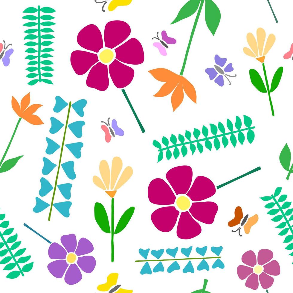 Colorful illustration of flowers and butterflies. Hand-drawn in trendy simple style vector