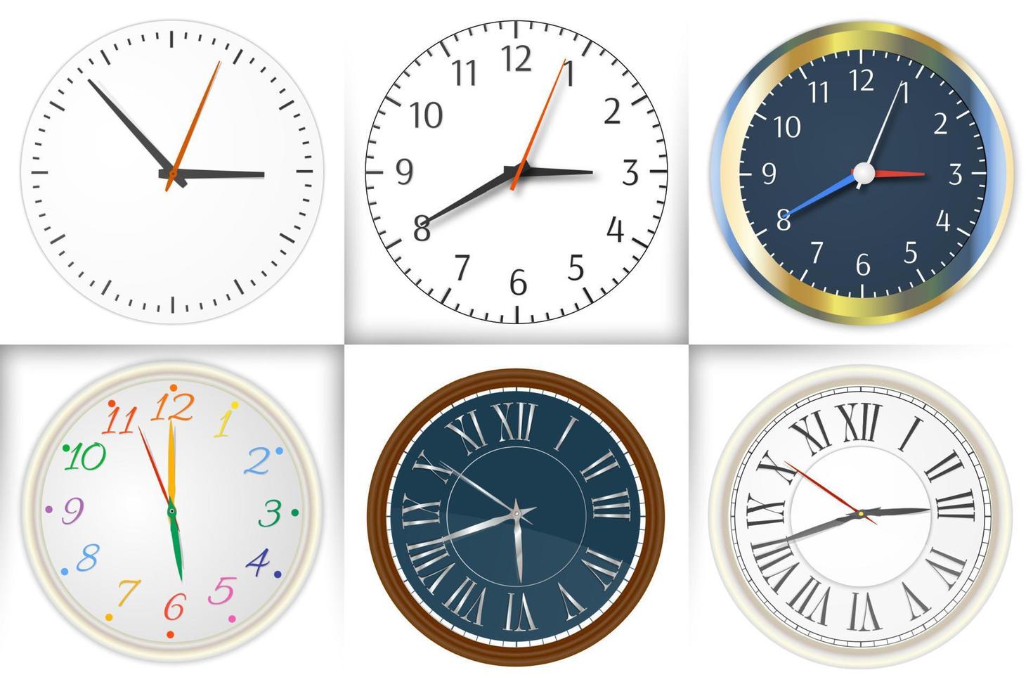 conjunto de reloj de pared. reloj y círculo, símbolo, segundo y minuto vector