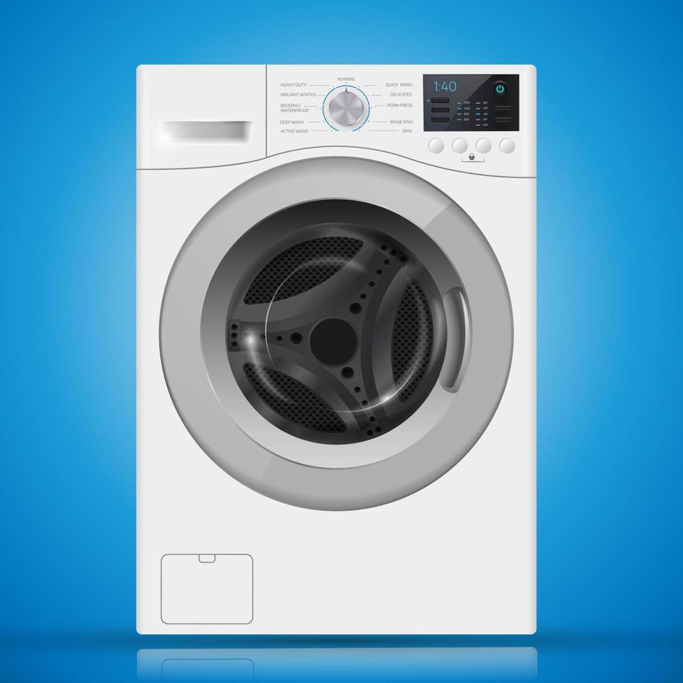 Realistic  white front loading washing machine on a  blue backgr vector