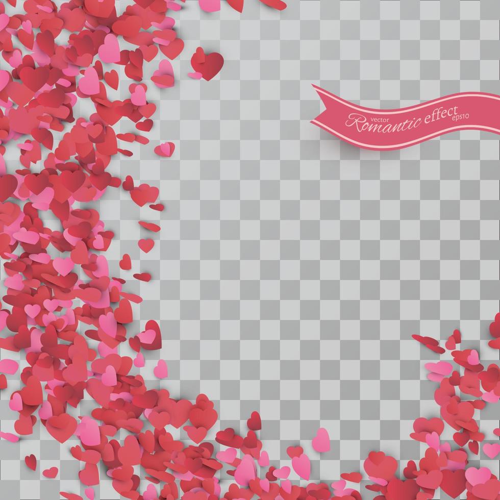 Heart confetti of Valentines petals falling on transparent background. vector
