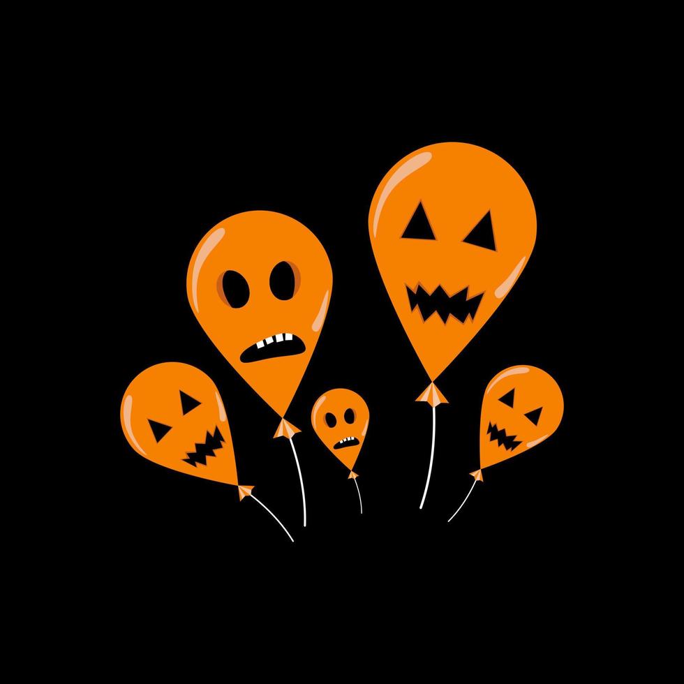 el fondo de muchos globos naranjas de halloween es un fondo negro. hay una cara de fantasma en un globo. dar la bienvenida a la fiesta. vector