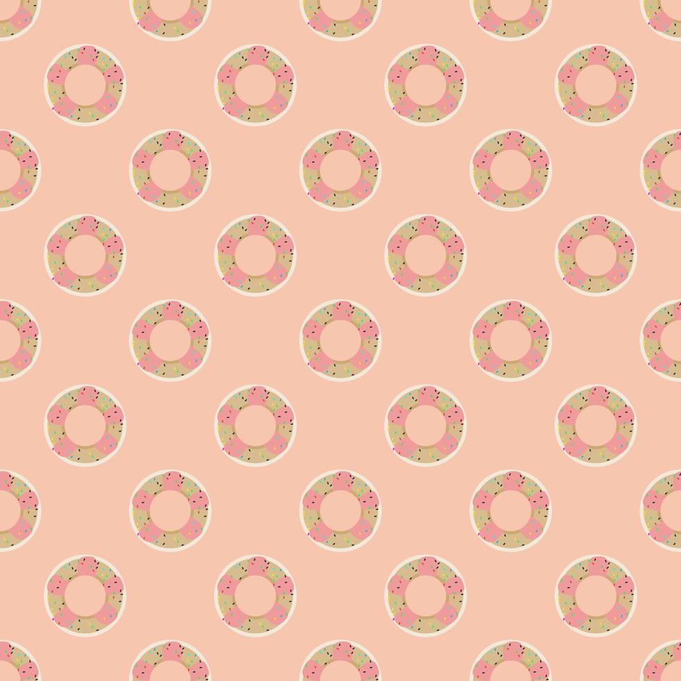 Seamless pattern of donuts topped with pink cream and sugar flakes, placed on a pastel orange background. vector