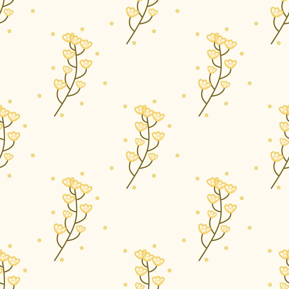 flores simples y ramas patrón sin costuras sobre fondo amarillo pálido, concepto de caída de ilustración vectorial. vector