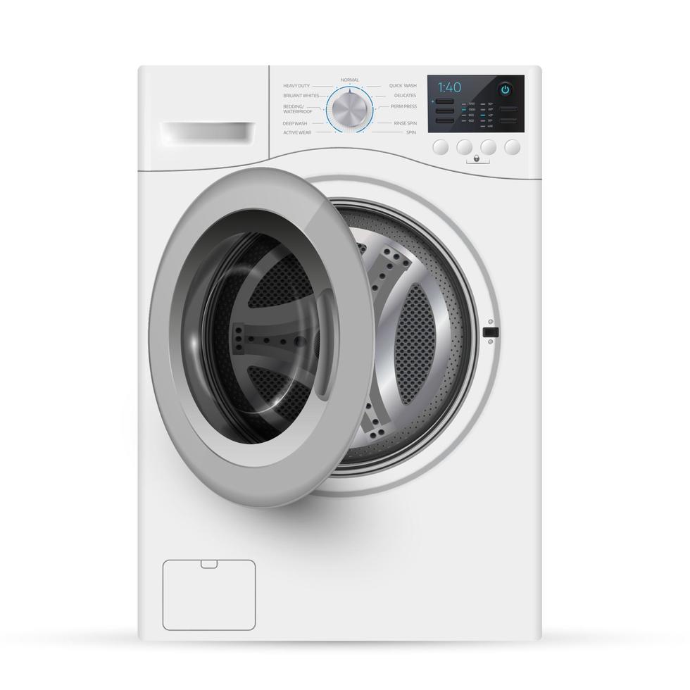 Realistic white front loading washing machine on a white backgro vector