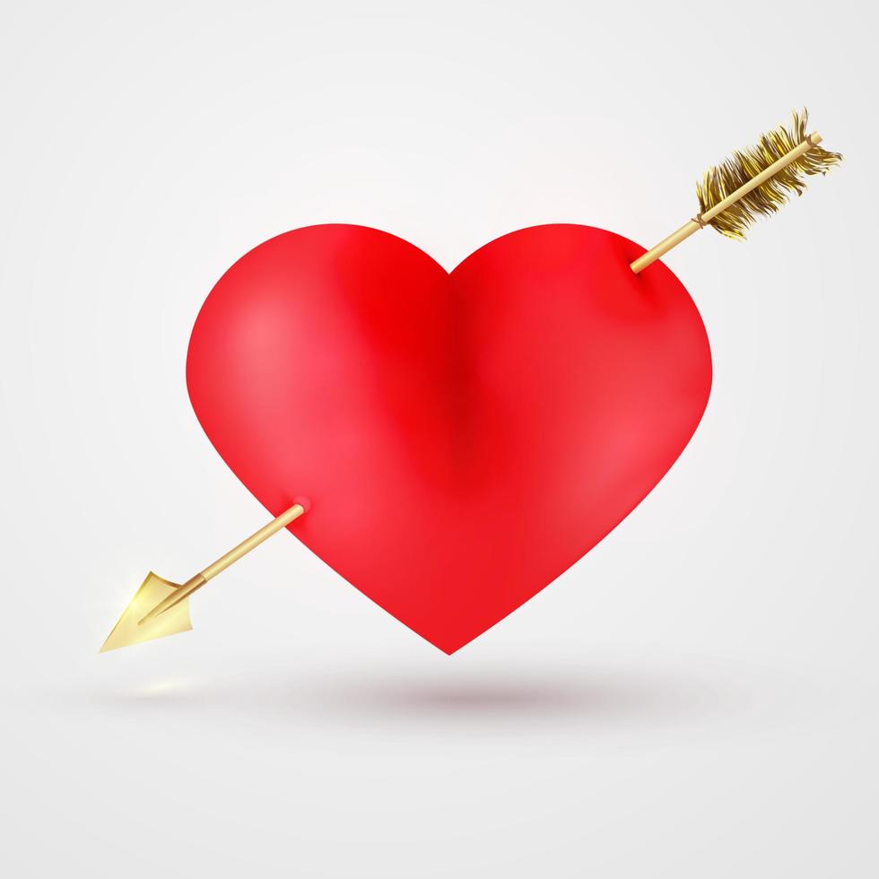 Glossy red heart pierced by  gold arrow. vector