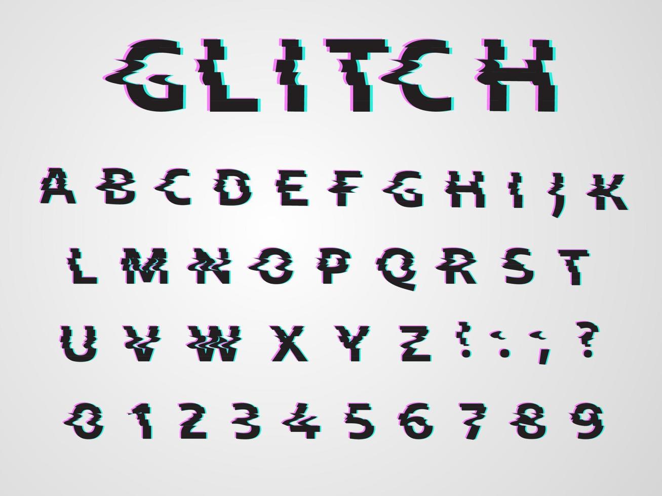 Vector distorted glitch font. Trendy style lettering typeface.  Dark Latin  letters on white background.