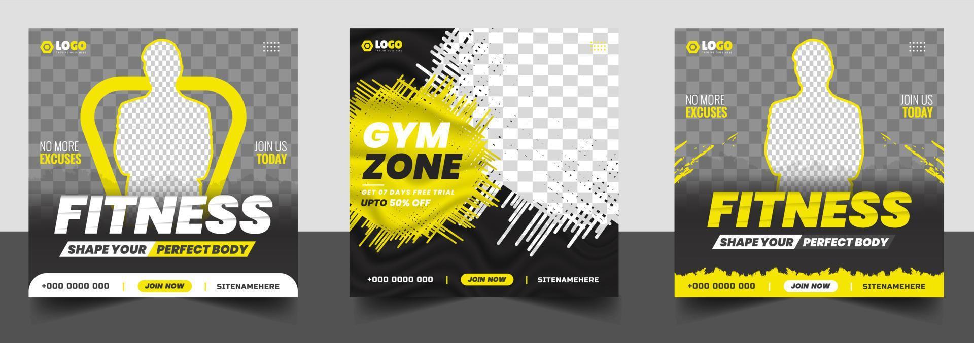 Fitness gym social media post banner template with black and yellow color, gym, Workout, fitness and Sports social media post banner, fitness gym social media post banner design. vector