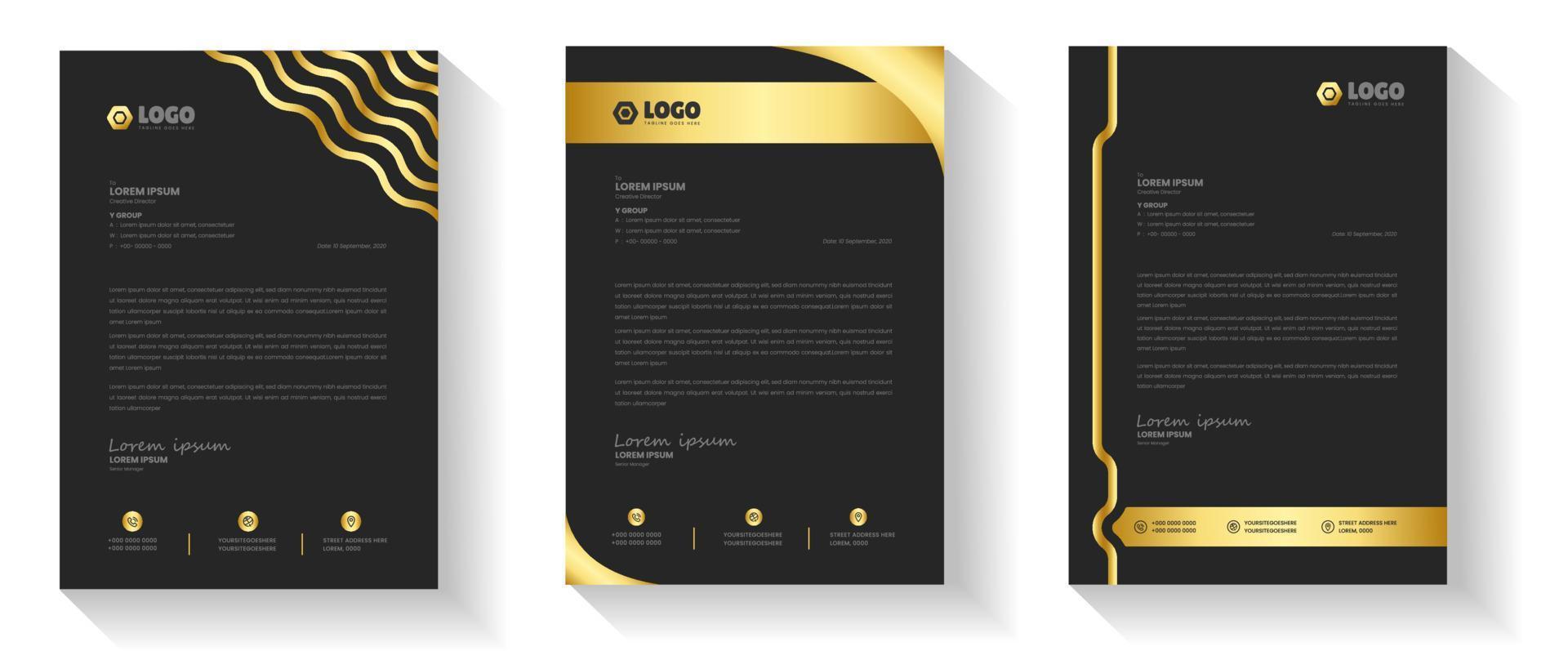 membrete de lujo de color dorado. plantilla de diseño de membrete de lujo de negocios modernos corporativos con color dorado. membrete, membrete, diseño de membrete comercial. membrete negro, membrete dorado vector