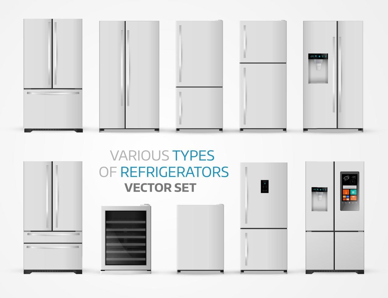 Variable types of refrigerators. Realistic set on white backgrou vector