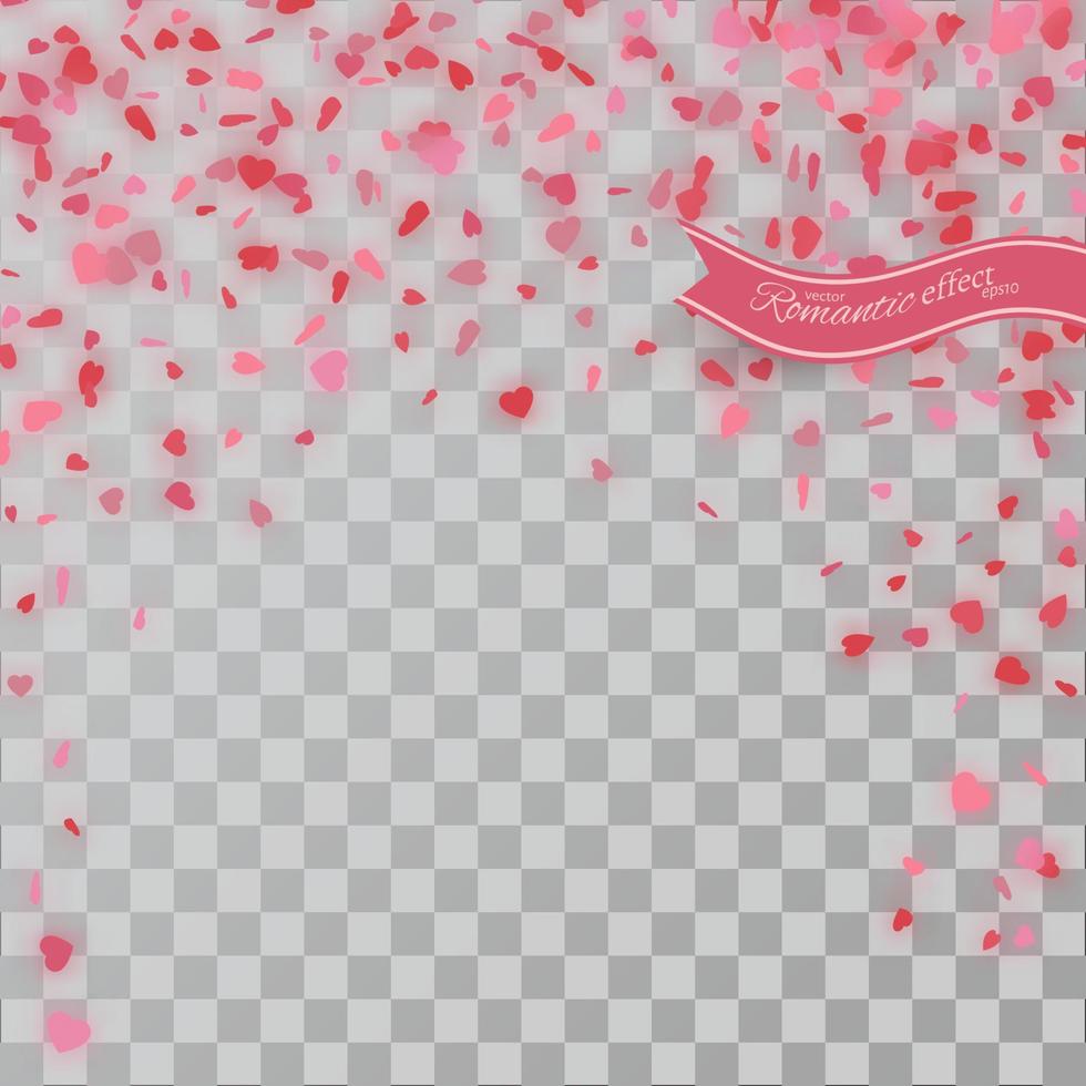 Heart confetti of Valentines petals falling on transparent background. vector