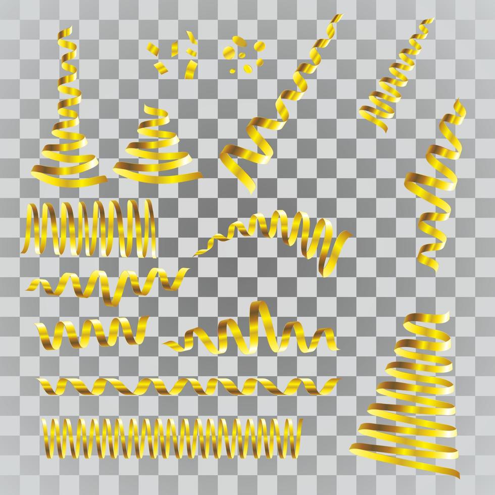 Gold streamers set. Golden serpentine ribbons, isolated on transparent background vector