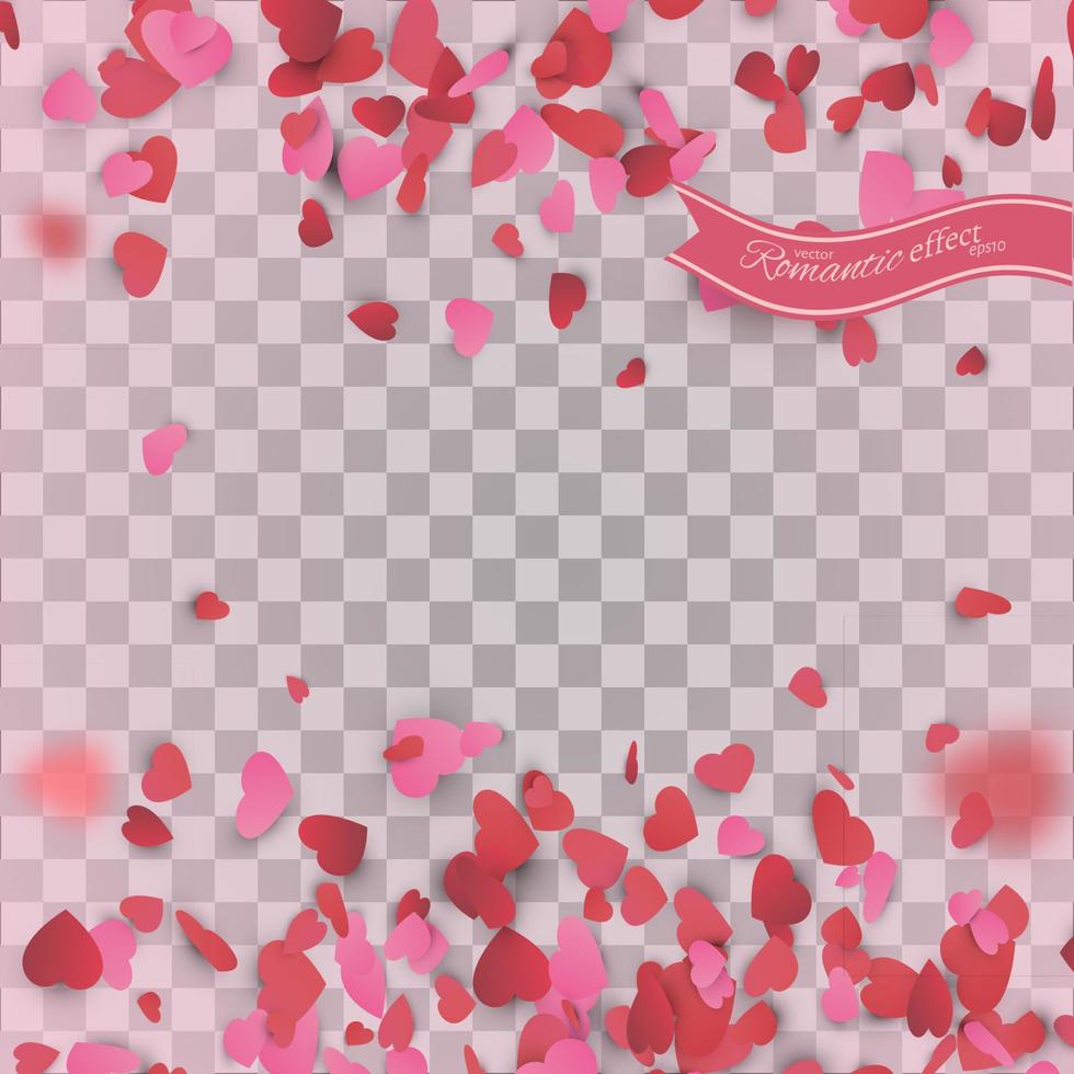 Heart confetti of Valentines petals falling on transparent background. vector