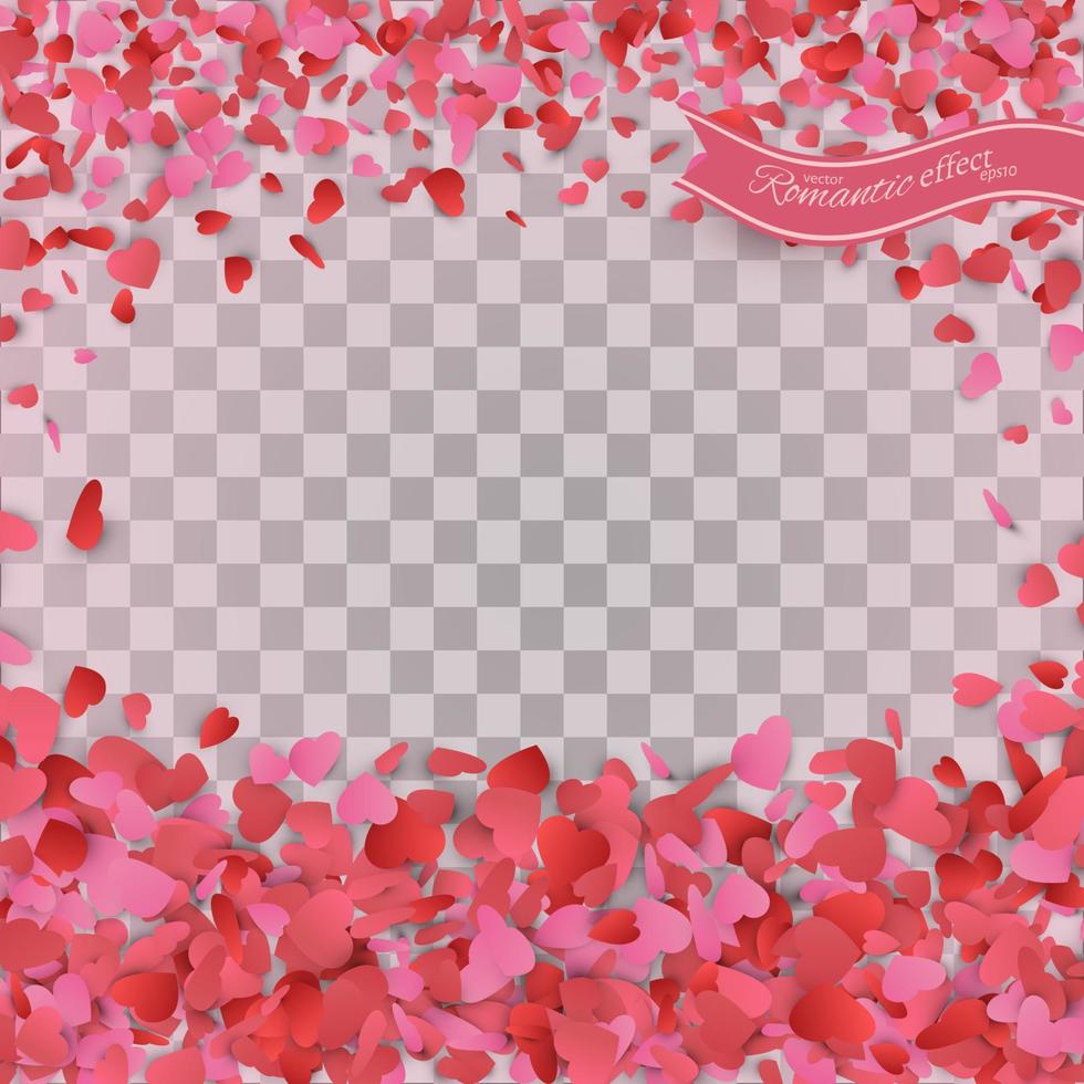 confeti de corazón de pétalos de San Valentín cayendo sobre fondo transparente. vector