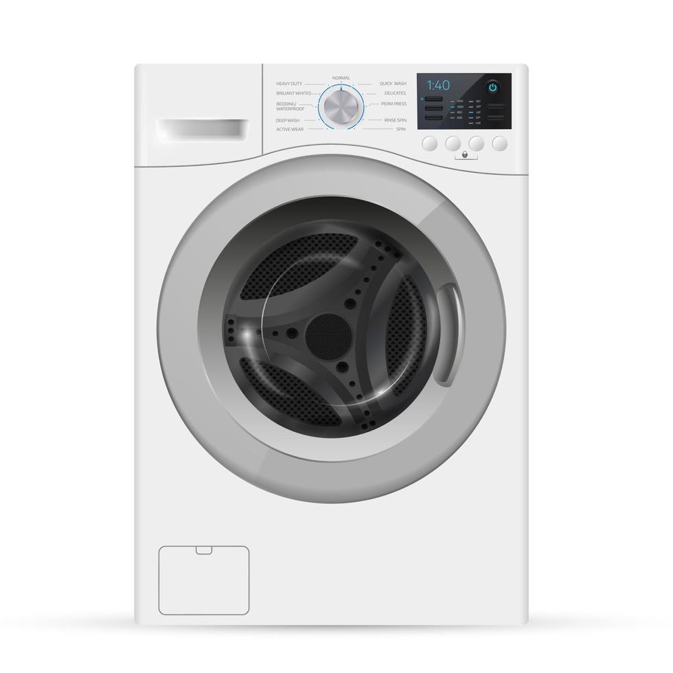 Realistic white front loading washing machine on a white backgro vector