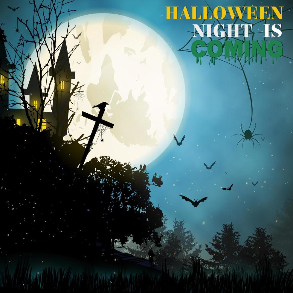 Halloween background with blackforest, bats, cross,haunted house and full moon. vector