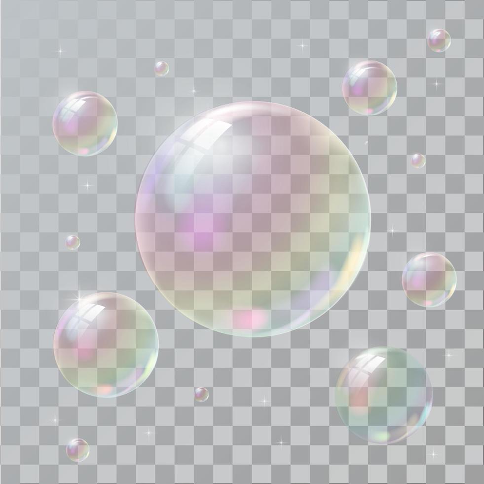 pompas de jabón realistas con reflejo de arco iris vector