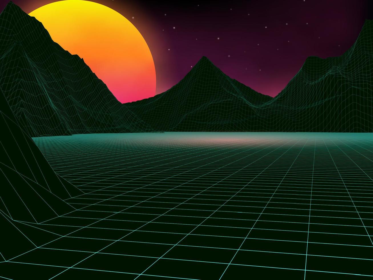 Vector futuristic illustration of sun with mountains in retro style