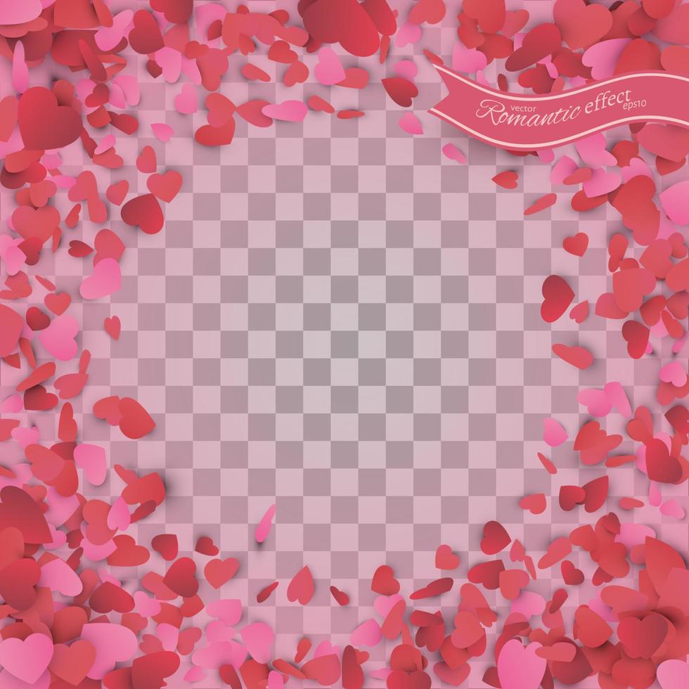 Heart confetti of Valentines petals falling on transparent background. vector