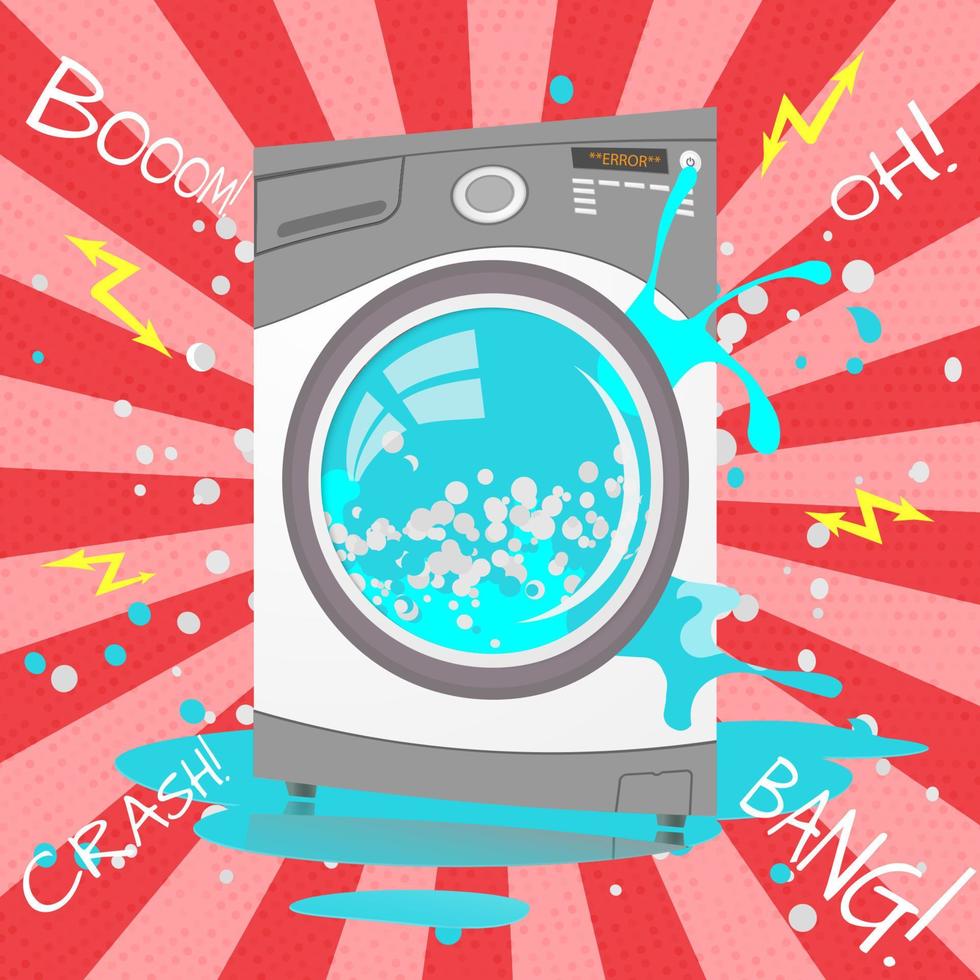 Broken washing machine in cartoon style. Bubbles,Sparks vector