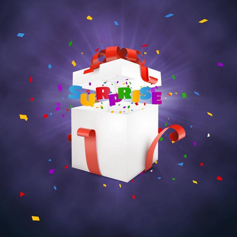 Surprise gift box on darc background. Confetti exposion. vector