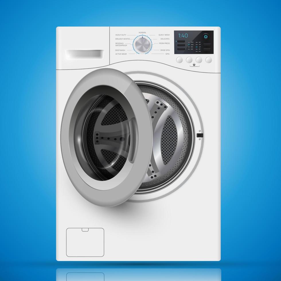 Realistic white front loading washing machine on a  blue backgro vector