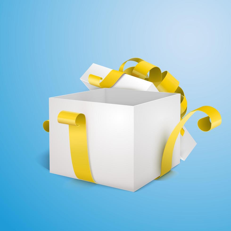 caja de regalo vacía 3d abierta blanca con cinta amarilla sobre fondo blanco vector