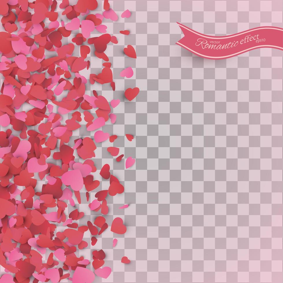 Heart confetti of Valentines petals falling on transparent background. vector