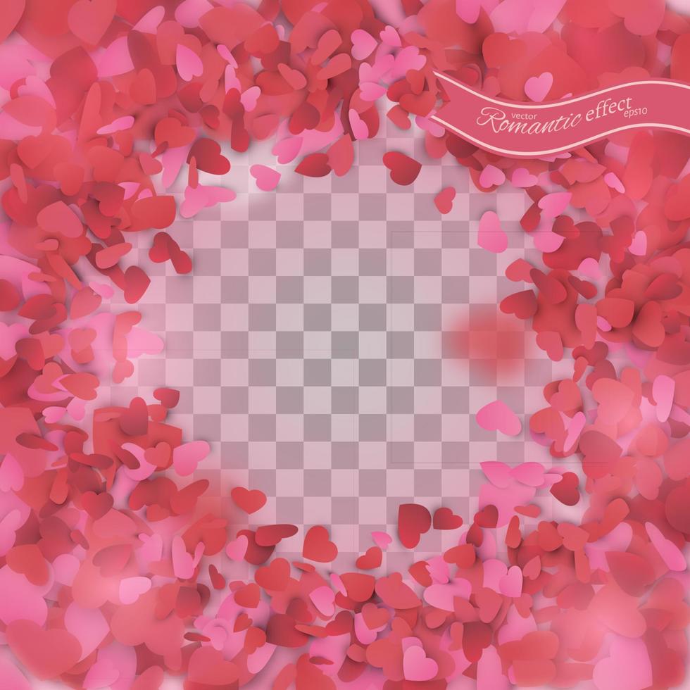 Heart confetti of Valentines petals falling on transparent background. vector