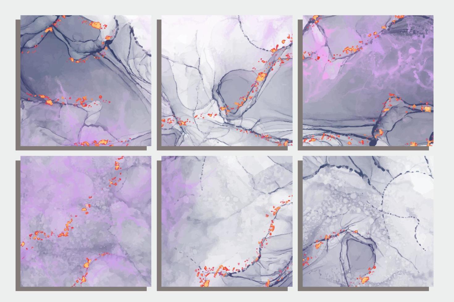 Purple and gold marble abstract backgrounds in alcohol ink technique. Set of vector stone textures. Modern paint in natural colors with glitter. Template for banner, poster design.