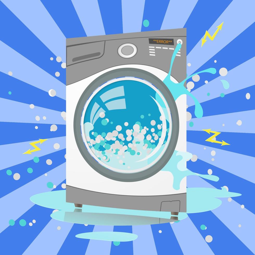 Broken washing machine in cartoon style. Bubbles,Sparks vector