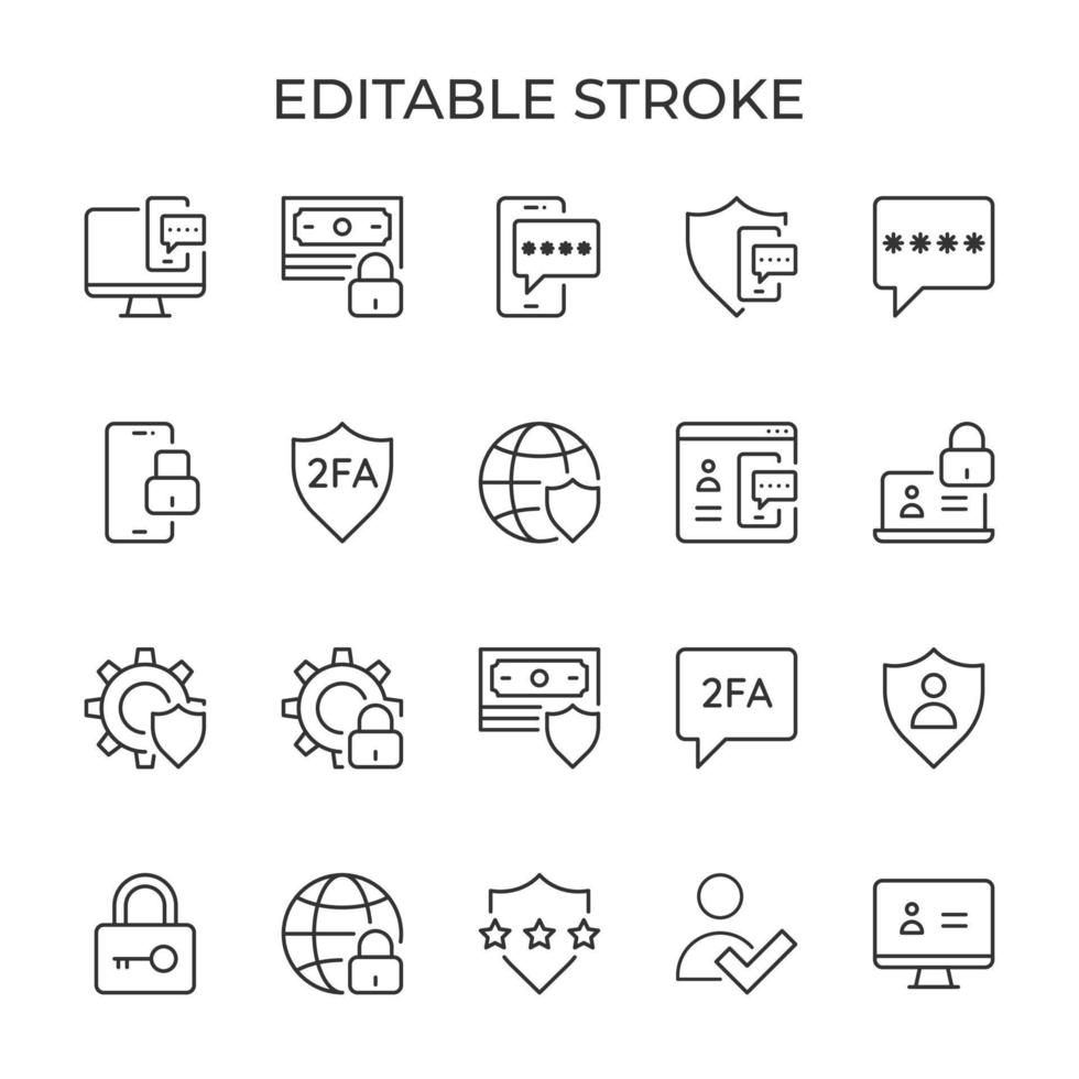 2fa two factor authentication. Password verification and security. Code to phone or computer. Set of linear icons. Vector illustration.