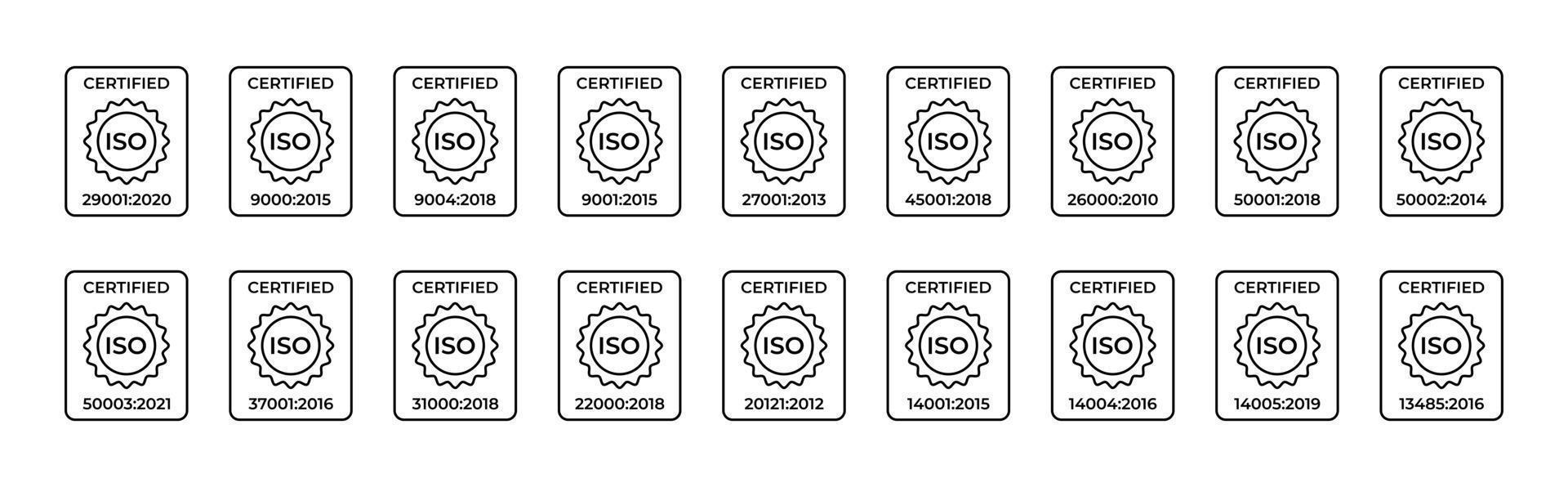 Certified ISO symbol. Standardization in the field of information security, quality management systems, as well as labor protection and others. Set of linear icons. Vector illustration.