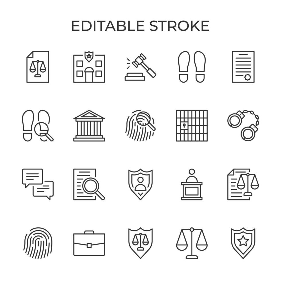 Law evidence. Fingerprints and footprints. Judicial protection of human rights. The penal system. Vector illustration. Set of line icons editable stroke.
