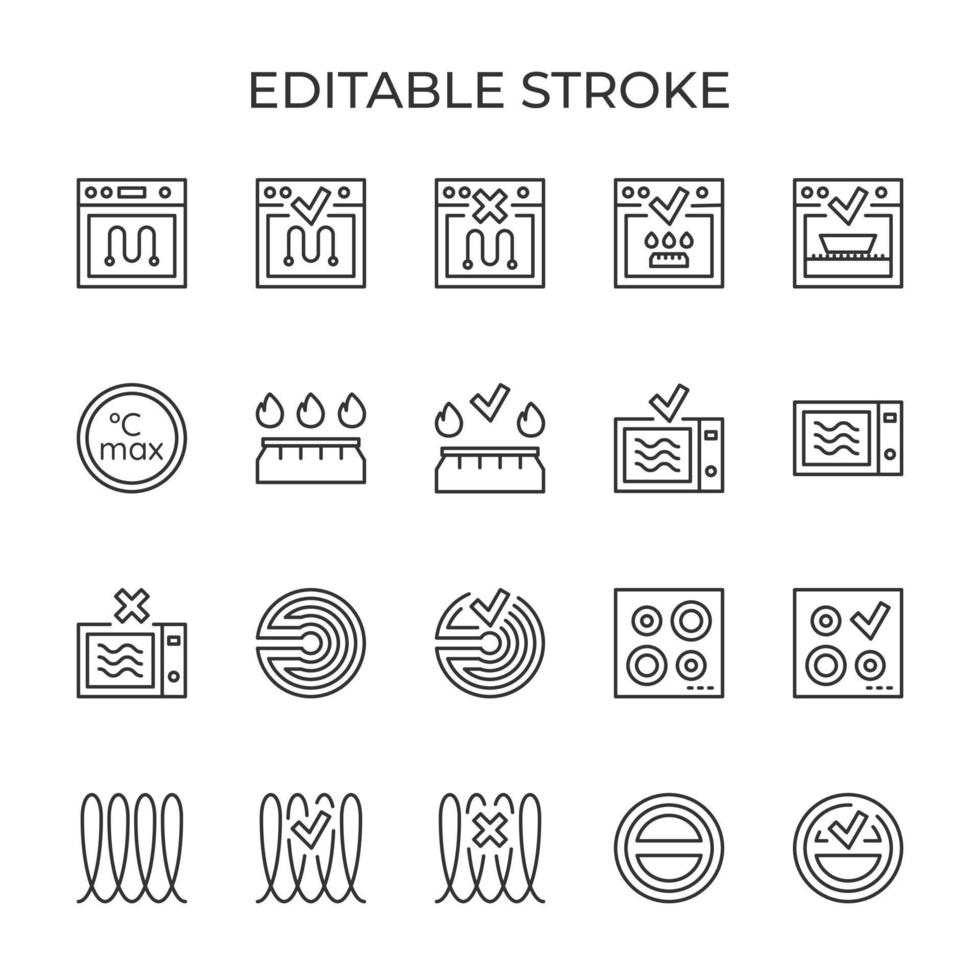 Metallic tableware symbols. Suitability for cookware gas, induction and ceramic stoves set of linear icons. Vector illustration.