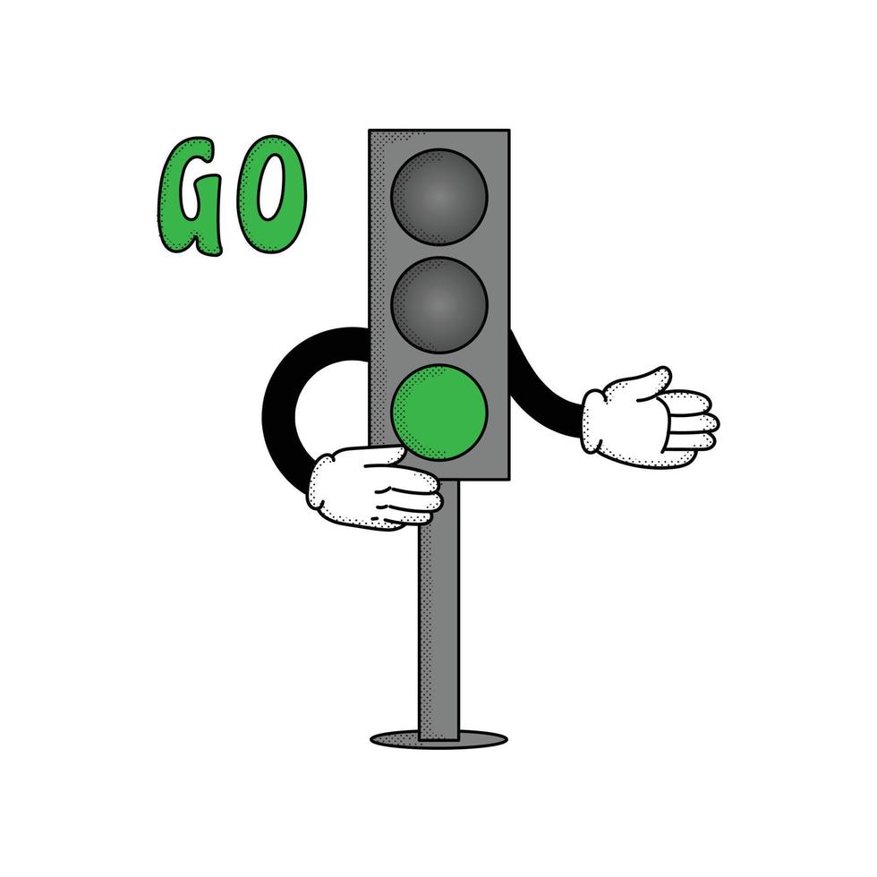 ilustración de semáforo en personaje de dibujos animados retro con señales  de tráfico, luz verde. ve a firmar 7741106 Vector en Vecteezy